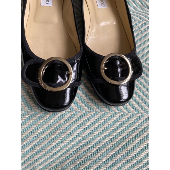 JIMMY CHOO Black Patent Leather Gold Buckle Flats - Picture 3 of 16